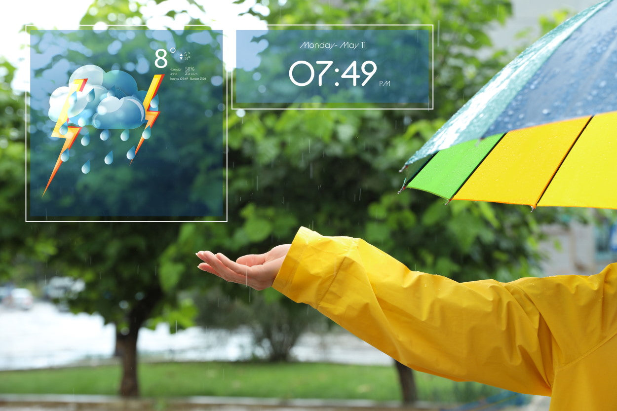 Person in raincoat with an umbrella feeling the rain, with overlay of weather forecast