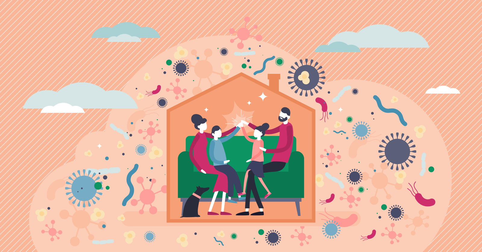 Graphic illustration of a family inside a house surrounded by air pollutants