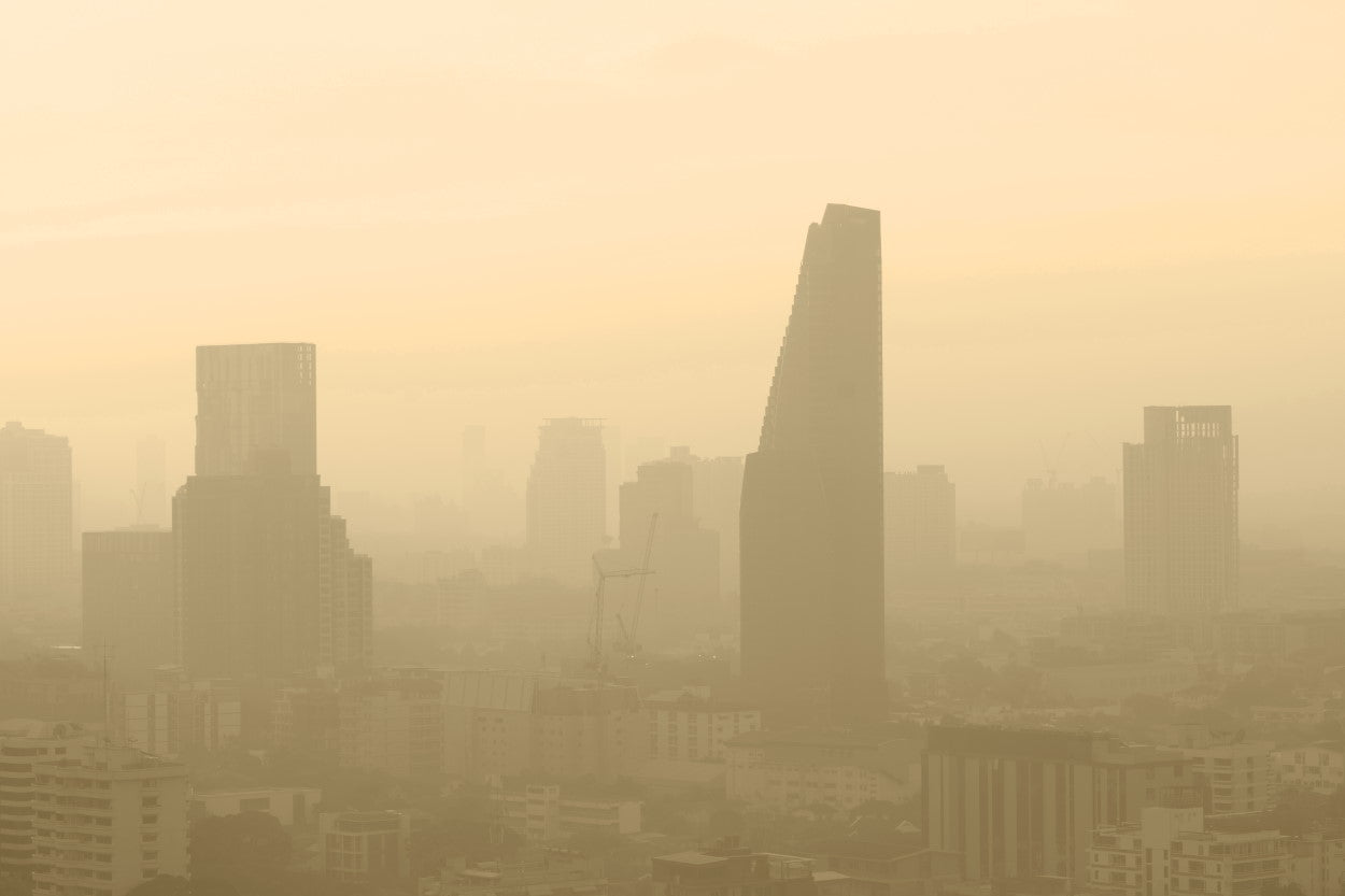 Yellow smog air pollution covering Seoul Korea