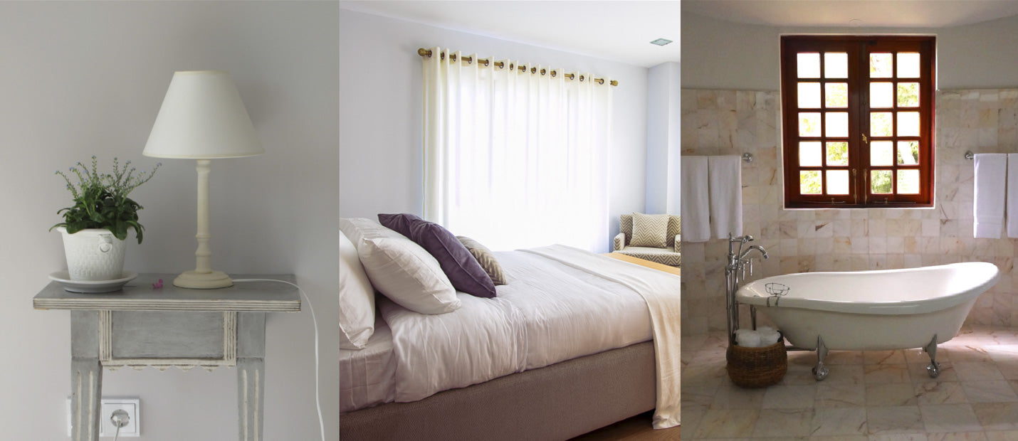 Image split into three panels with a side table, bedroom, and bathroom