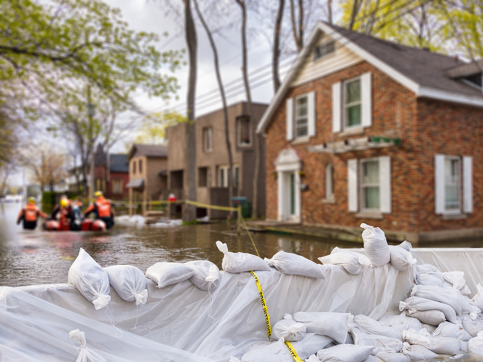 Sandbags holding back floodwaters before houses