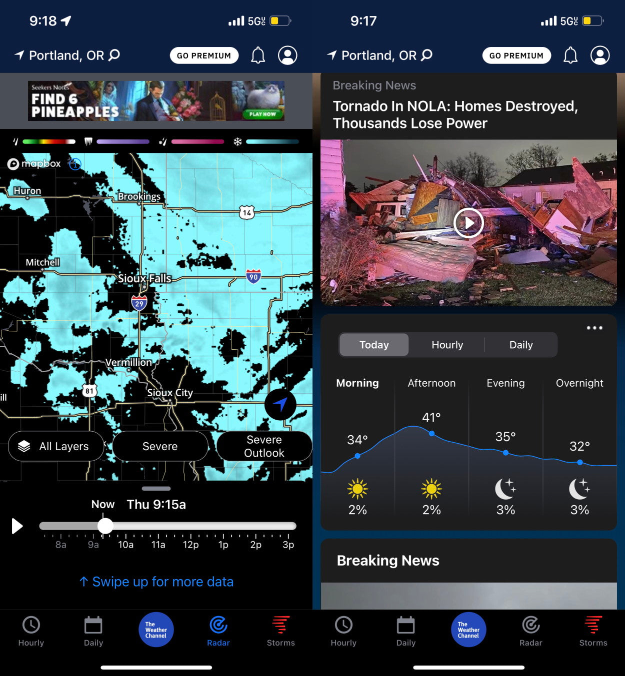 The Weather Channel App screen shots on iPhone