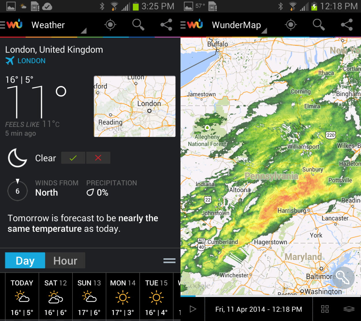 Weather Underground app screen shots on Android