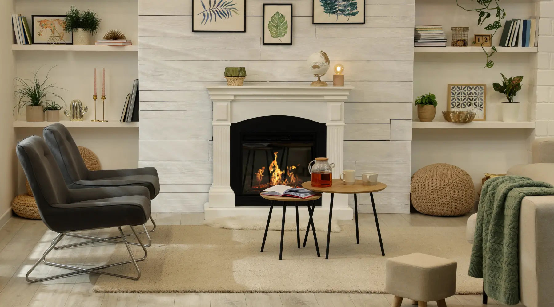 A fireplace safely burns in a peaceful living room.