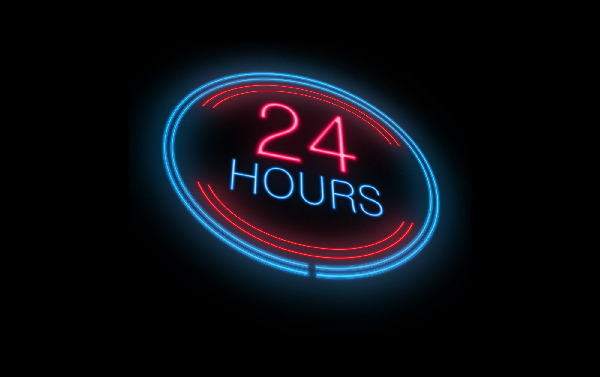 Red and blue neon sign reading '24 hours'