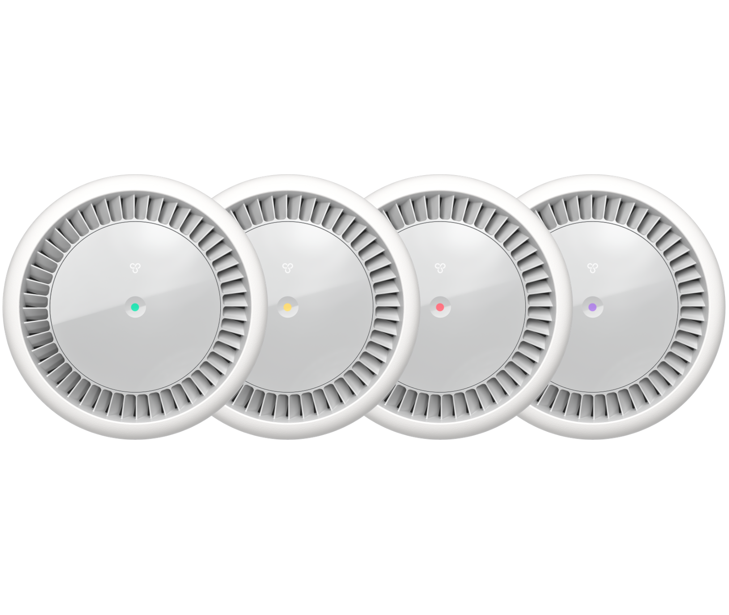 Top-down view of four Molekule air purifiers with colored indicator lights