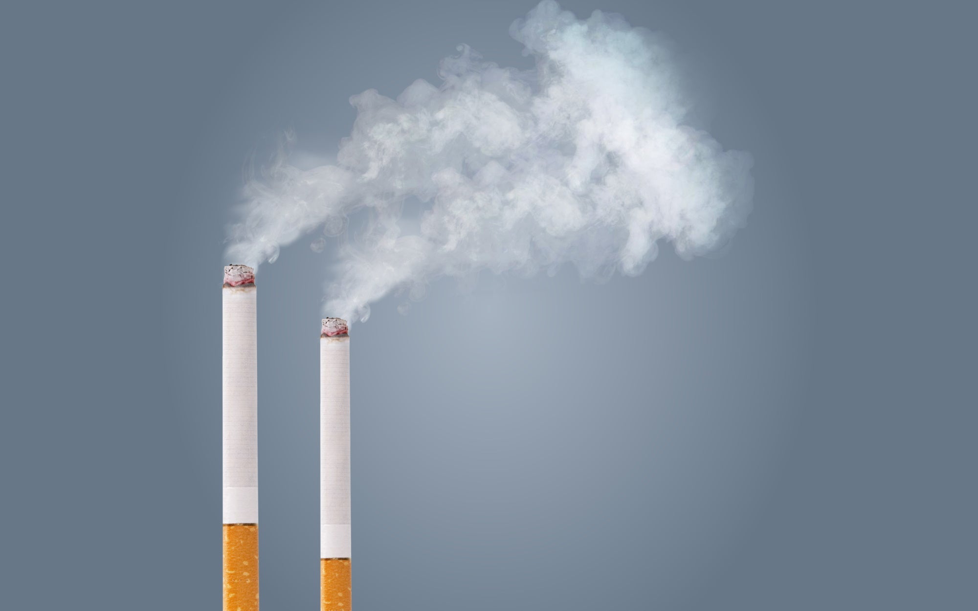 Two smoking cigarettes that look like factory smoke stacks