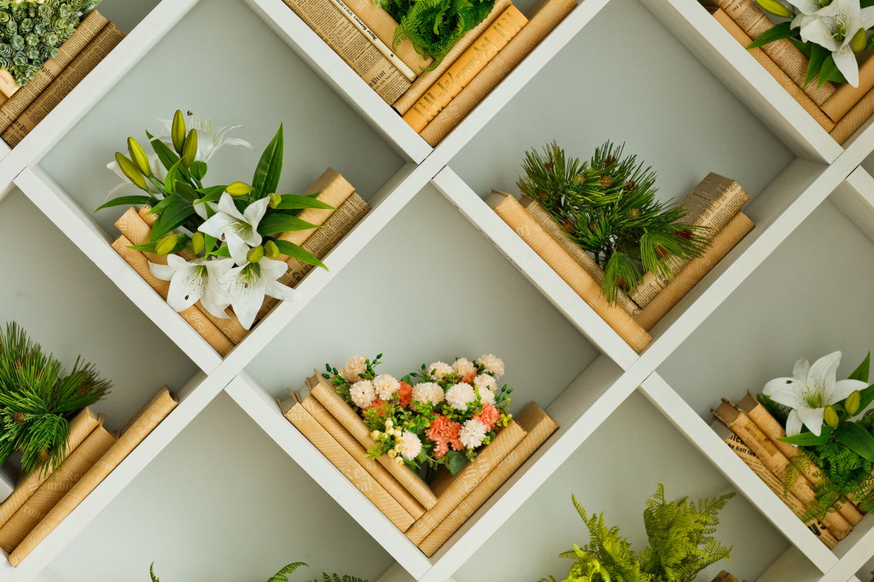 Flowers and plants arranged in boxes on the wall with books