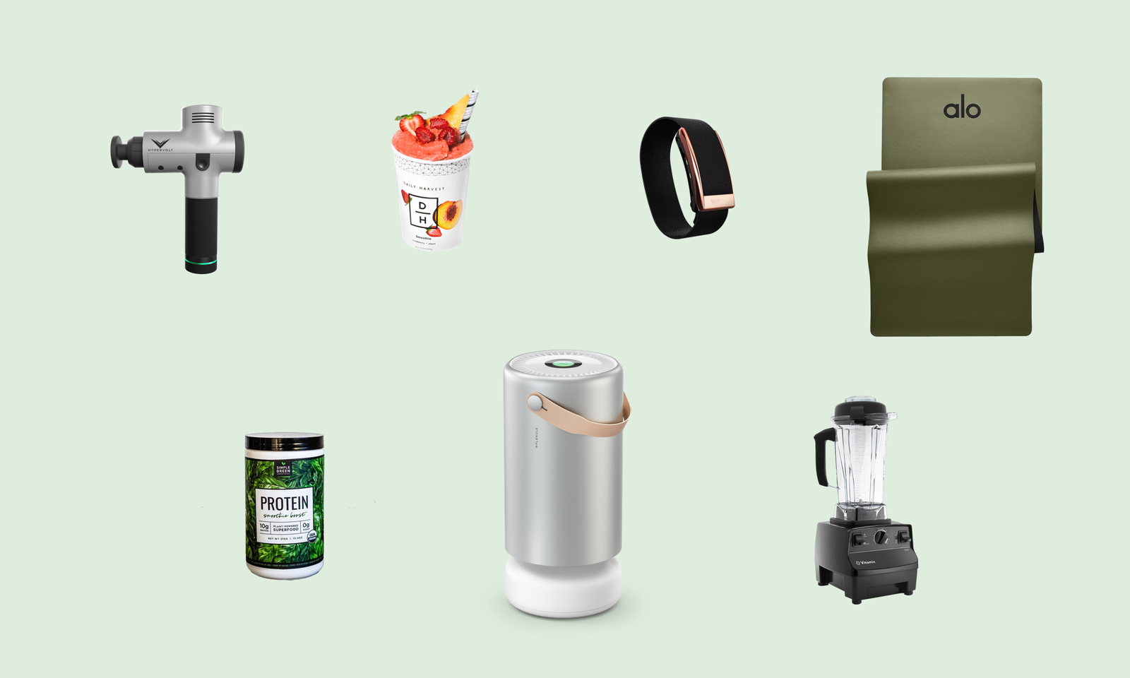 Gifts for wellness enthusiasts, including a personal massager, smoothie, watch, protein powder, Molekule air purifier, blender, and yoga mat