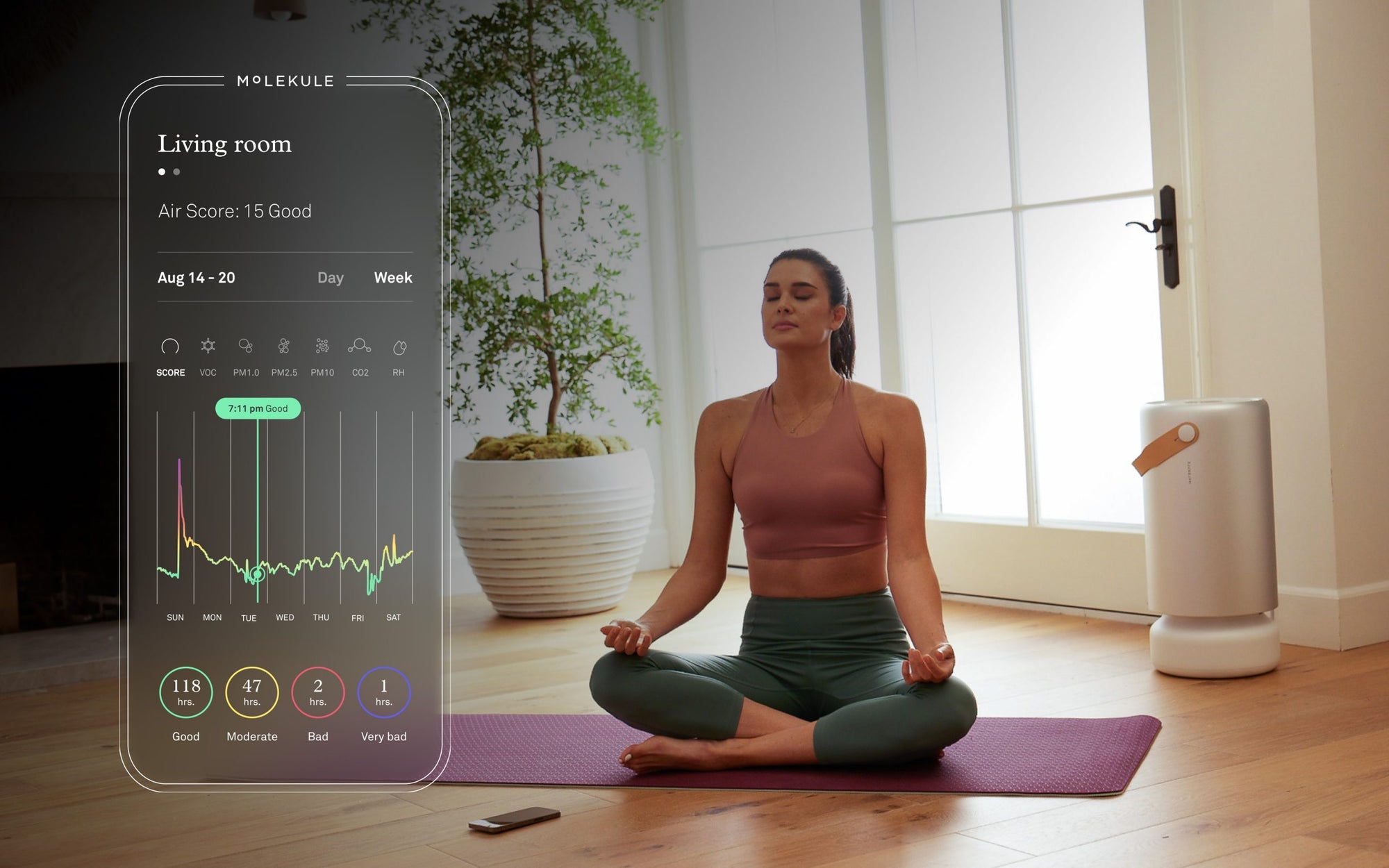 Screenshot of Molekule app air quality score with a woman meditating in the background