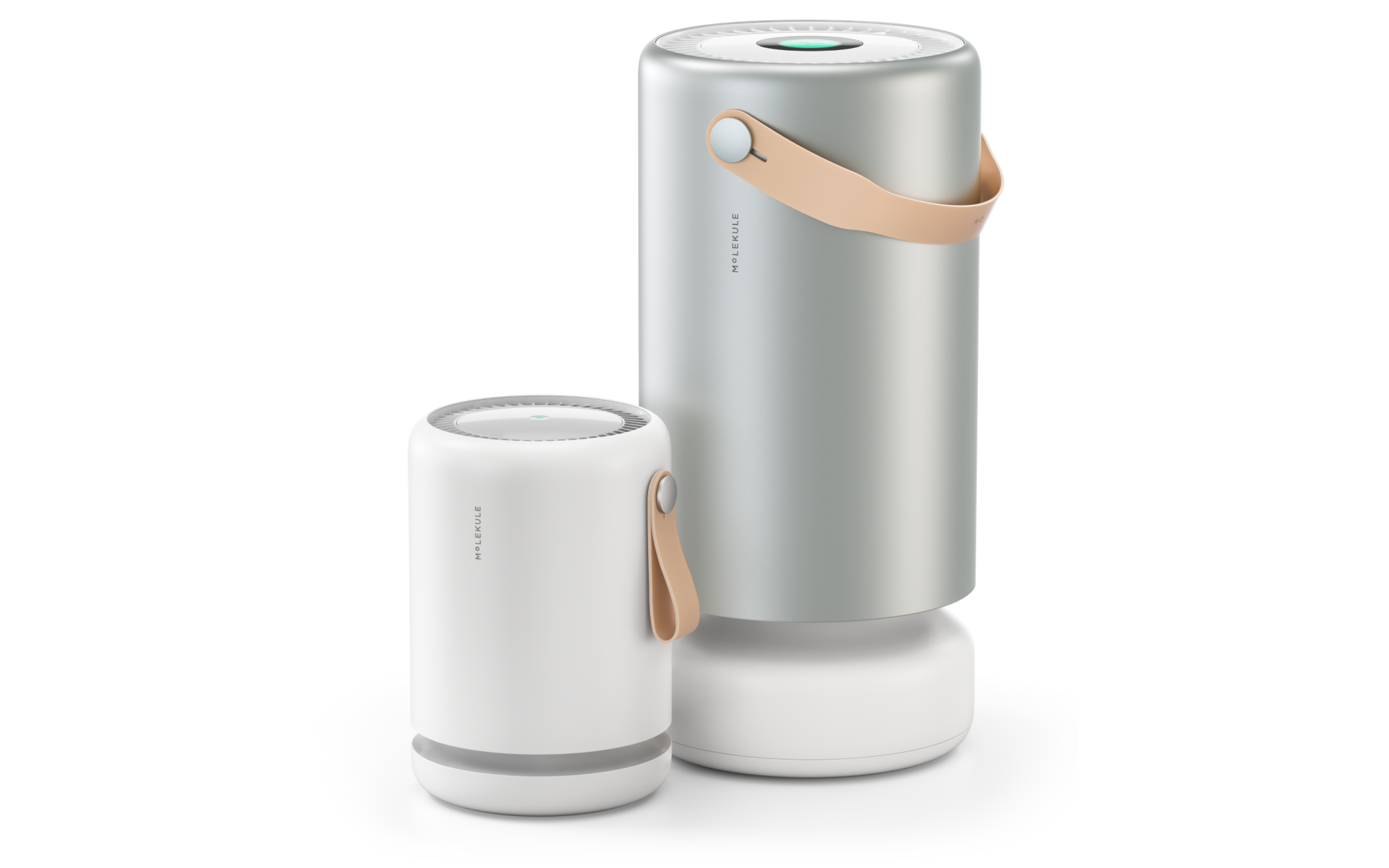 Molekule Air Pro and Air Mini+ air purifiers on white background