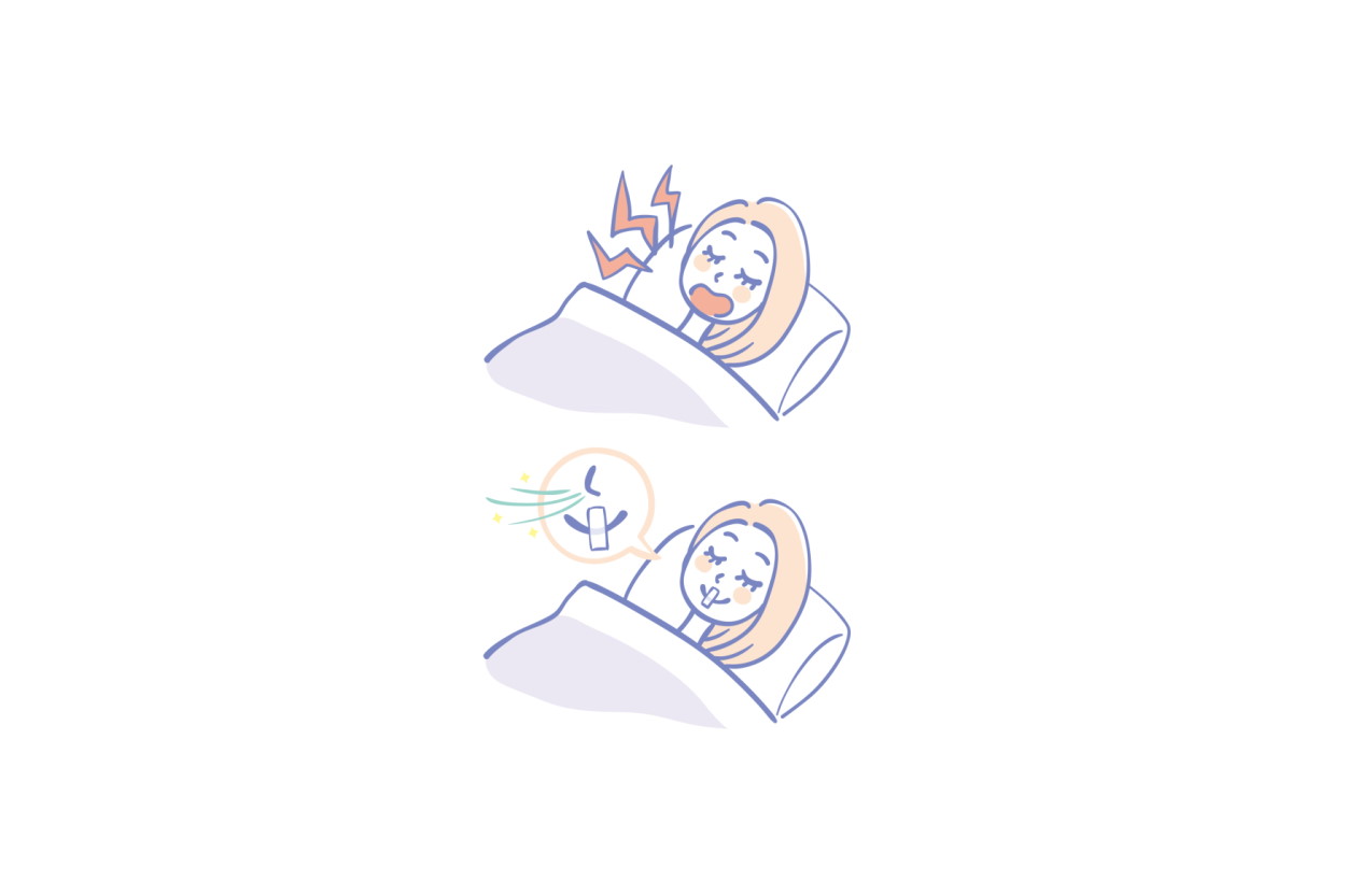 Illustration of a woman snoring vs. wearing mouth tape while sleeping
