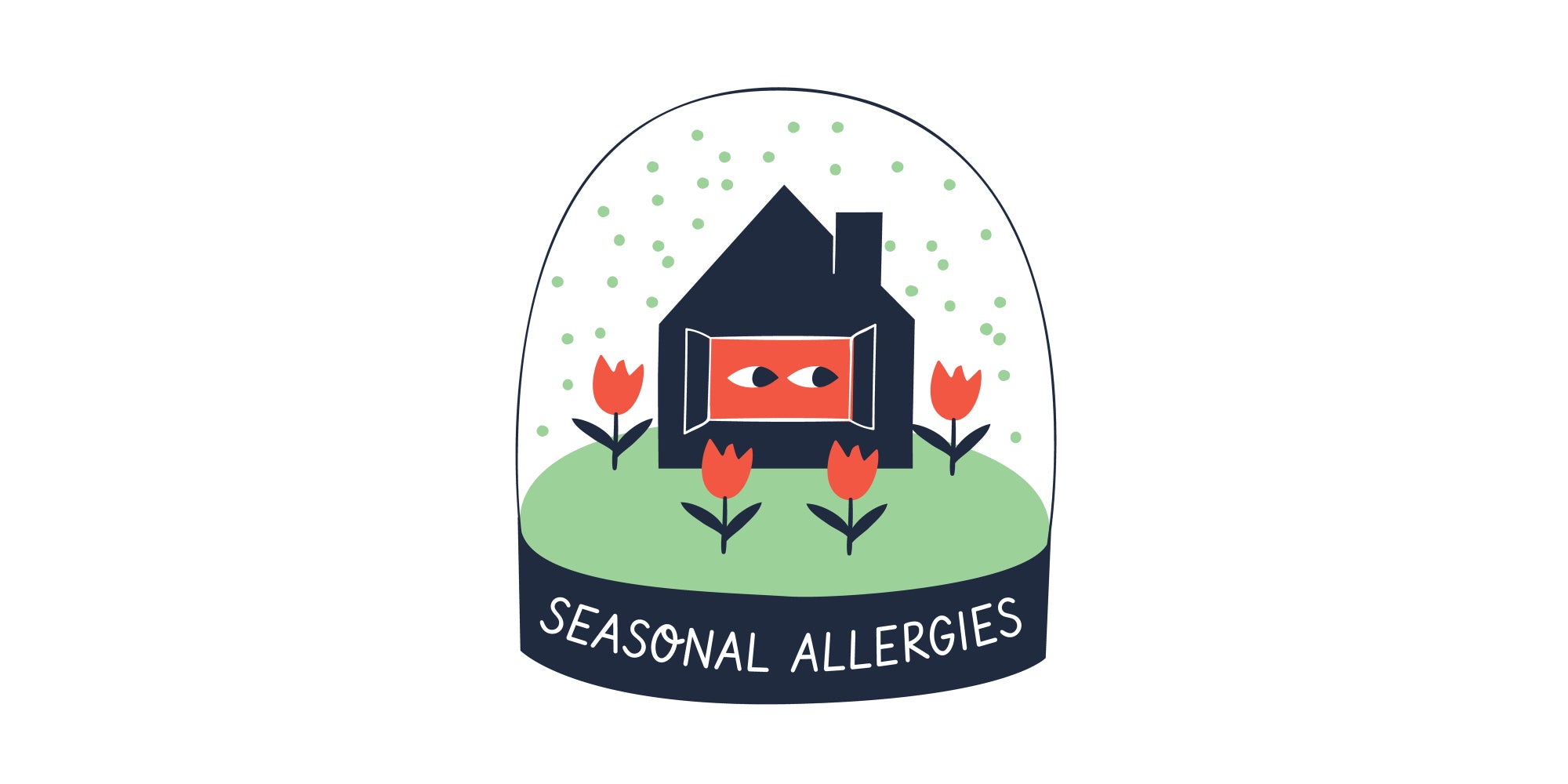 Graphic illustration of a house inside a springtime snow globe labeled 'Seasonal Allergies'