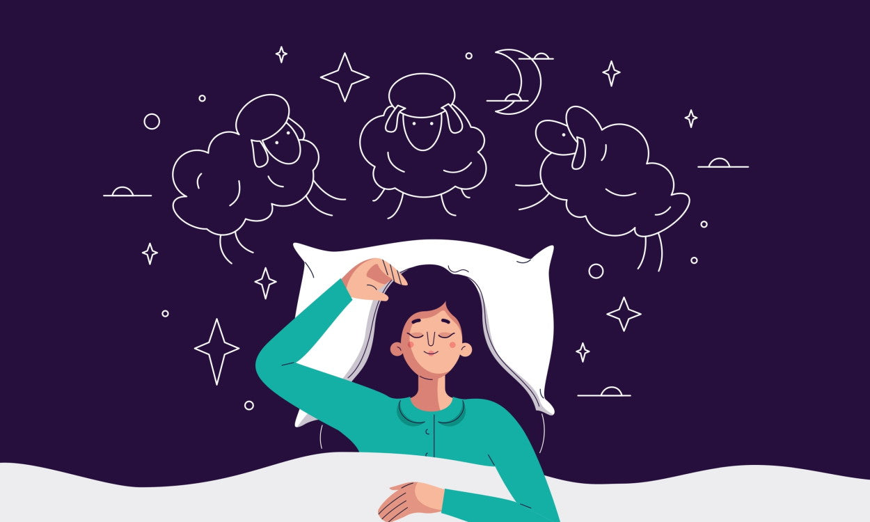 Graphic illustration of a woman asleep and dreaming of sheep