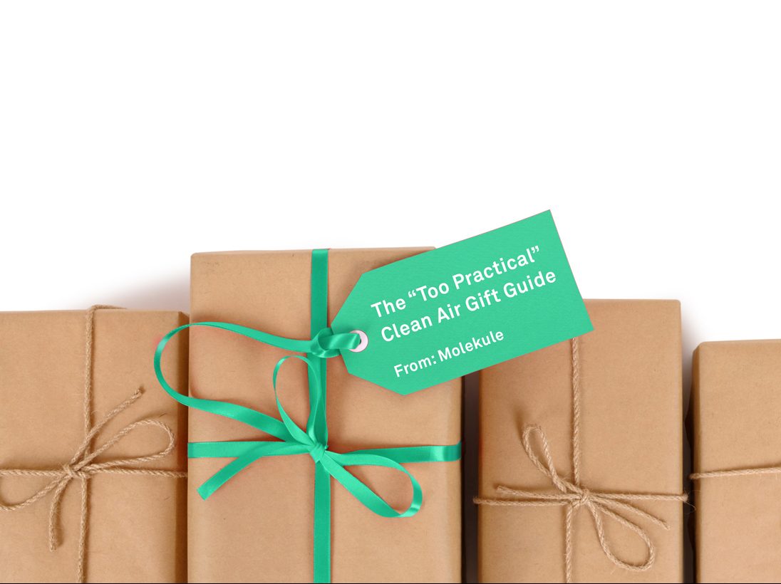Wrapped gifts with a tag reading "The Too Practical Clean Air Gift Guide, From Molekule"