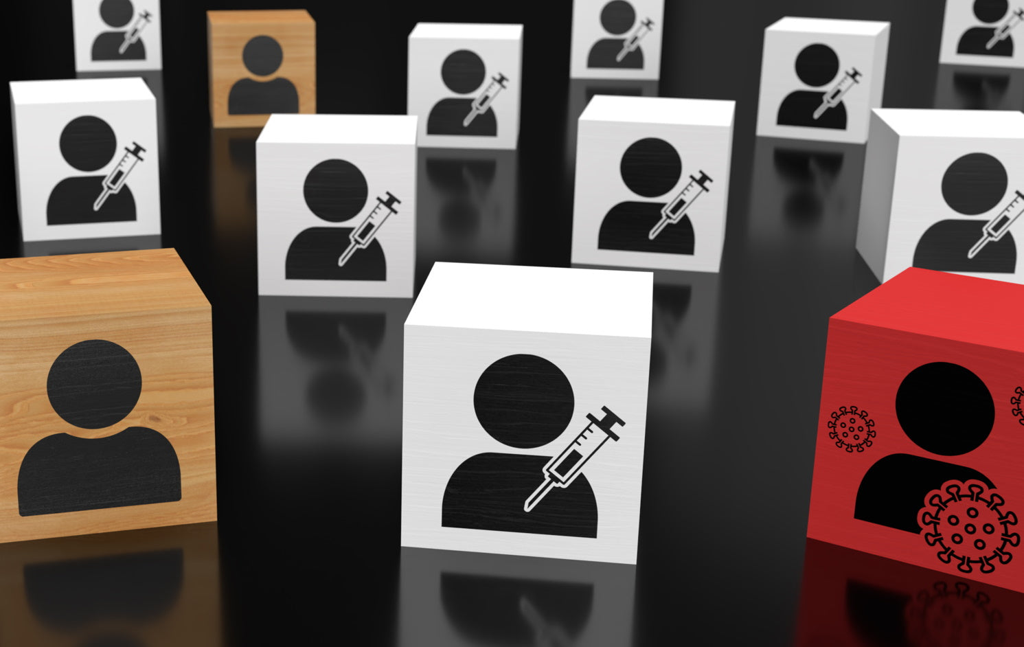Cubes with icons of people indicating which are vaccinated and which are exposed to viruses