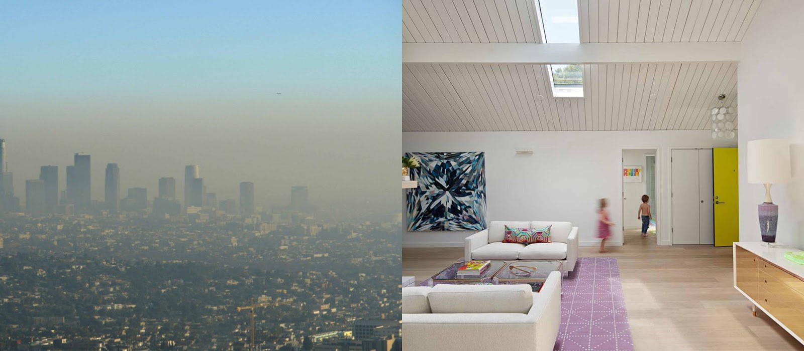 Polluted city on one half of the image and a clean indoor space on the other