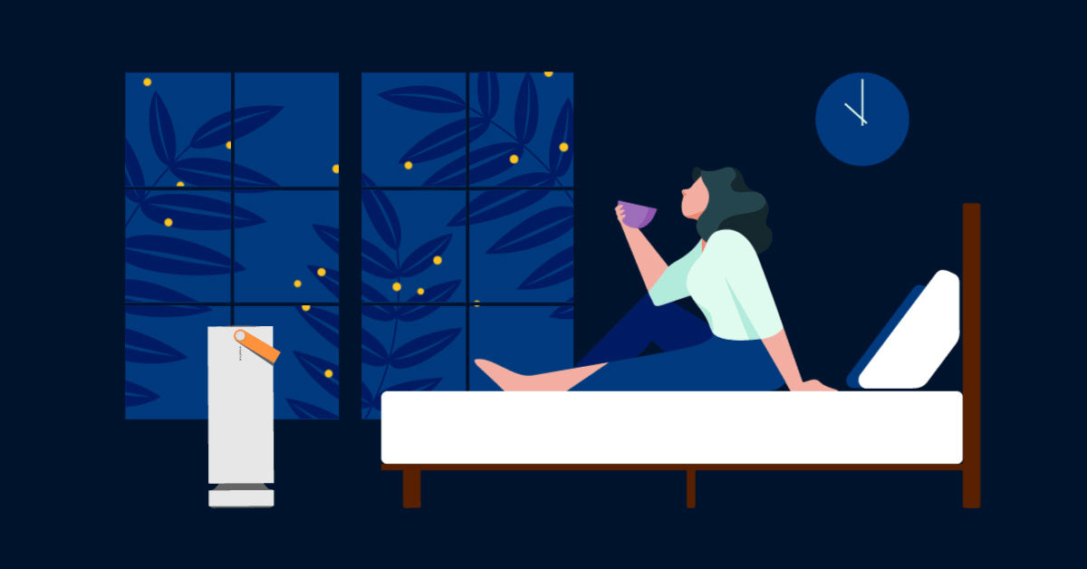 Graphic art of a woman relaxing with tea in bed for better sleep