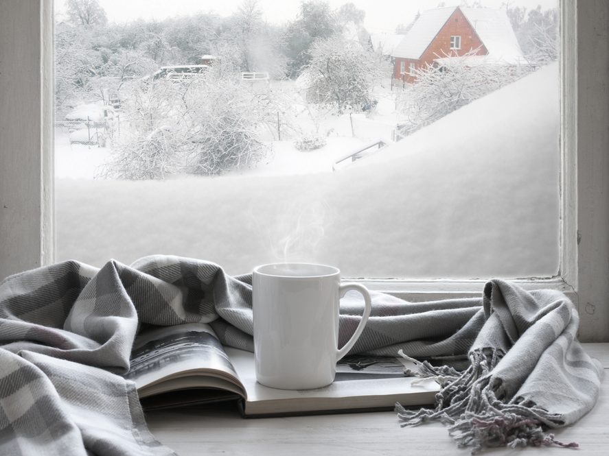 Steaming coffee mug in front of a frosty window with winter landscape outside