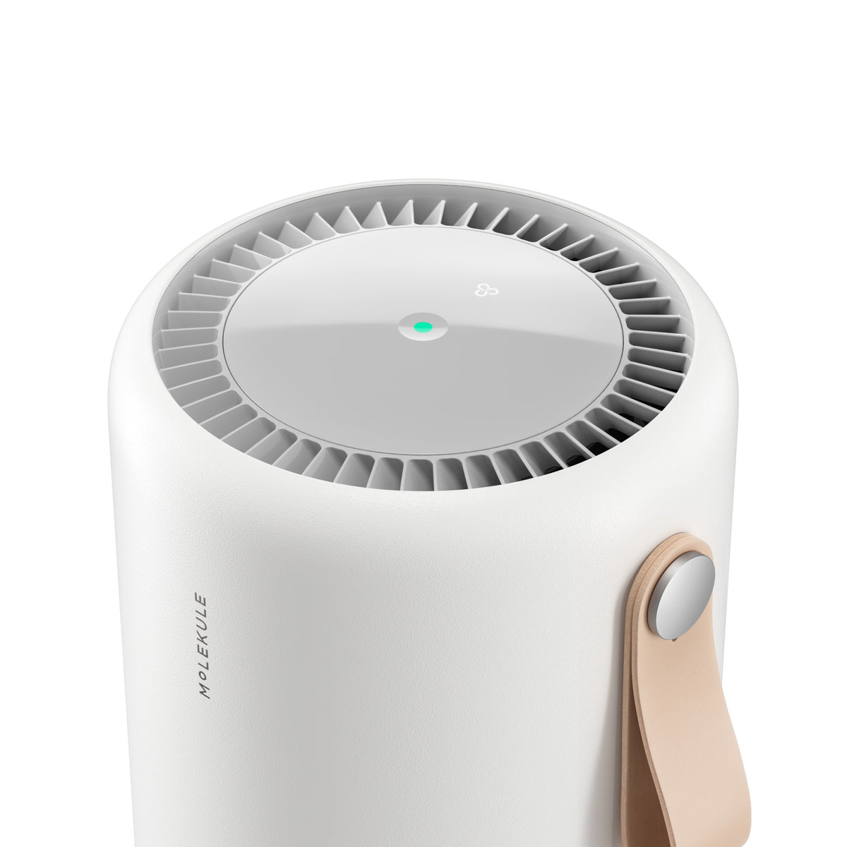 The top of a Molekule Air Mini+ air purifier, highlighting the control display and convenient vegan leather carry strap.